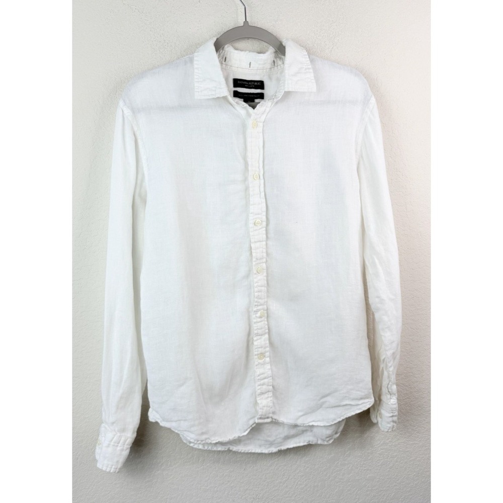 Banana Republic 100% Linen Shirt Men's M White Untucked Standard Fit Long Sleeve